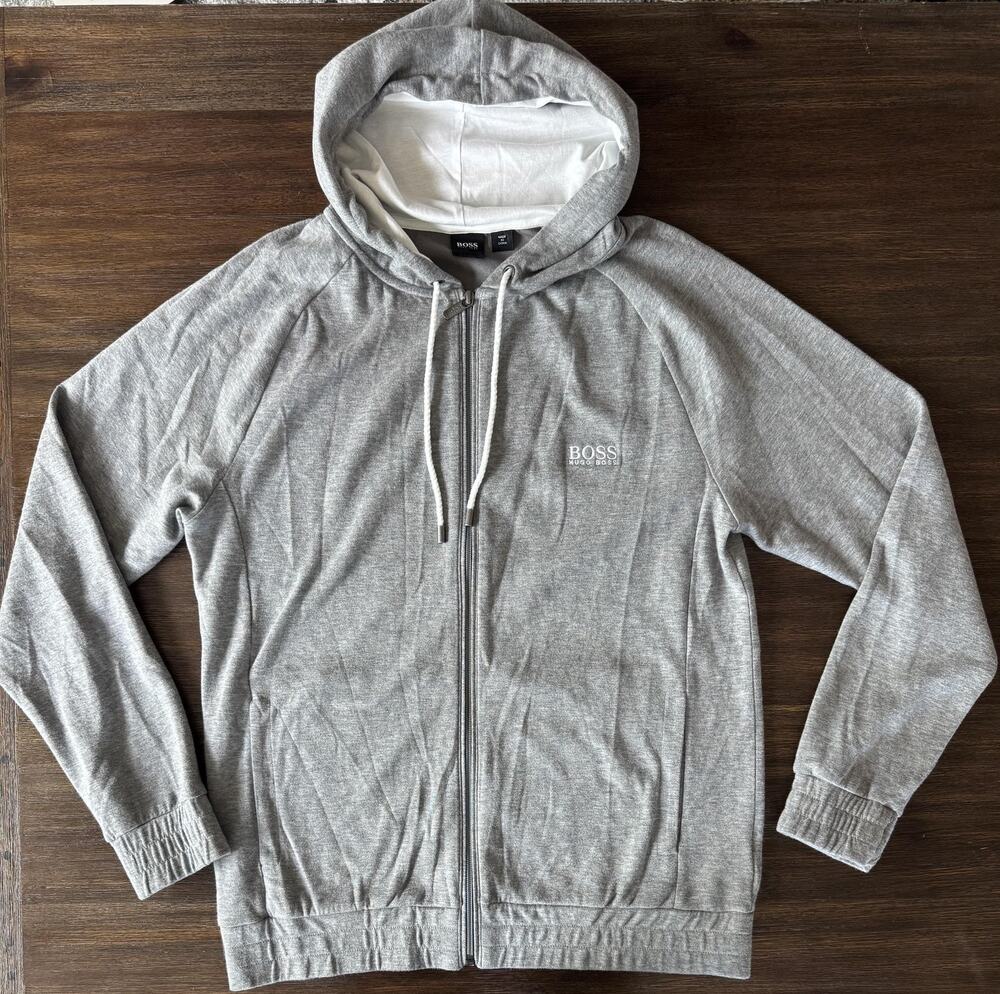 Hugo Boss Cashmere Jacket Hoodie Mens Large Gray Cotton Full Zip Travel Comfy